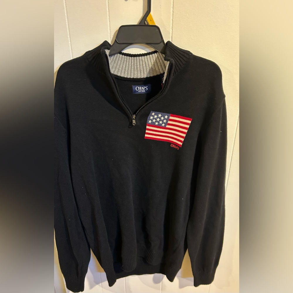 Chaps Black Zip-Up Sweater with Flag Patch